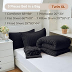 MUXHOMO 5 Pieces Twin XL Comforter Set, Seersucker Bed in a Bag Twin XL Size, All Season Luxury Bedding Set with Comforter, Flat Sheet, Fitted Sheet, Pillowcase & Sham, Black