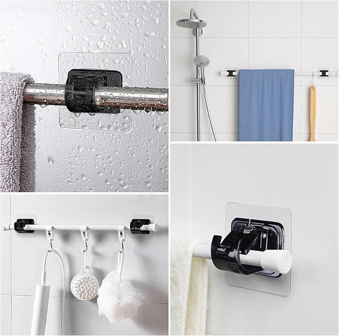 12PCS Self Adhesive Curtain Rod Holder, No Drill Curtain Rod Brackets, Nail Free Adjustable Curtain Rod Hooks, Curtain Rods No Drilling for Windows Home Kitchen Bedroom Hotel (Black)