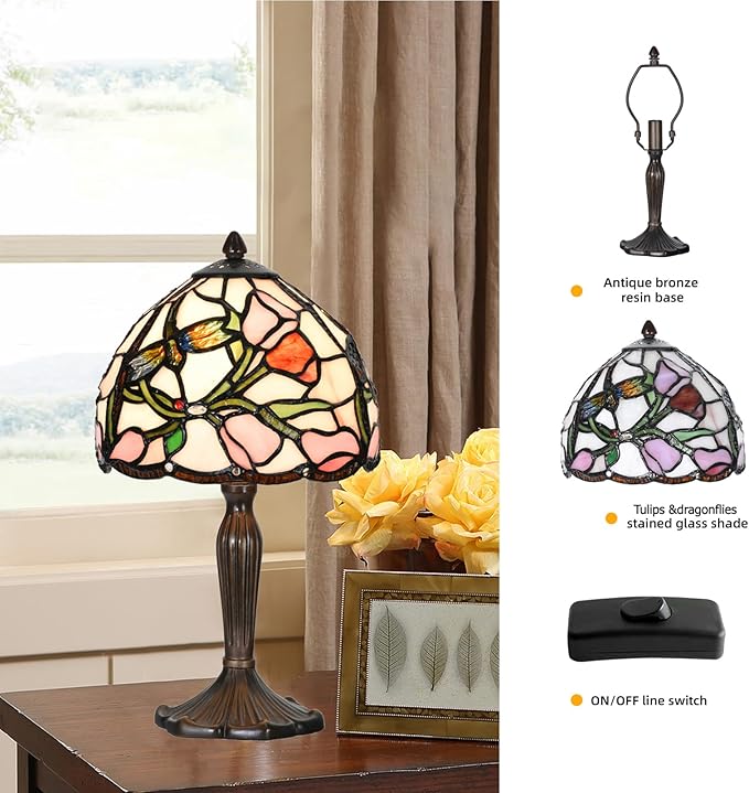 TL0009 Tiffany Lamp Tulip Design Stained Glass Table Lamp 8" D x 14.25" H for Living Room Bedroom Bedside Nightstand Home Office, lED Bulb Included (Tulip)