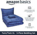 Amazon Basics Twin/Twin XL Comforter Set with Sheets, 5-Piece Blue Calvin Striped Bedding, Lightweight Microfiber Bed-in-a-Bag