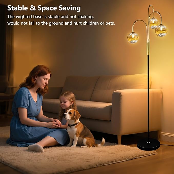 Lightdot 70IN Dimmable Floor Lamp for Living Room, 3 Light LED Tree Floor Lamps with 3Pcs Glass Globe, 3000K Soft Warm White for Wedding/Party, Mid Century Standing Tall Lamp for Bedroom-Black&Gold