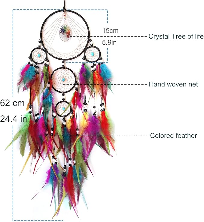 Colorful Large Dream Catcher Wall Decor Feather Dream Catchers with Crystal Tree of Life Pendant Handmade Dreamcatcher Wall Hanging Ornament for Bedroom Living Room Home Decor