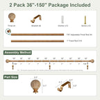 2 Pack Wood Curtain Rods for Windows 72 to 144 Inch,1'' Diameter Drapery Rods with Imitation Wood Grain Leaf Pattern Finials,Boho Adjustable Heavy Duty Curtain Rods Set,36-150'',Natural Wood