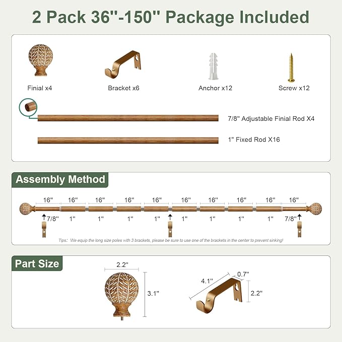 2 Pack Wood Curtain Rods for Windows 72 to 144 Inch,1'' Diameter Drapery Rods with Imitation Wood Grain Leaf Pattern Finials,Boho Adjustable Heavy Duty Curtain Rods Set,36-150'',Natural Wood