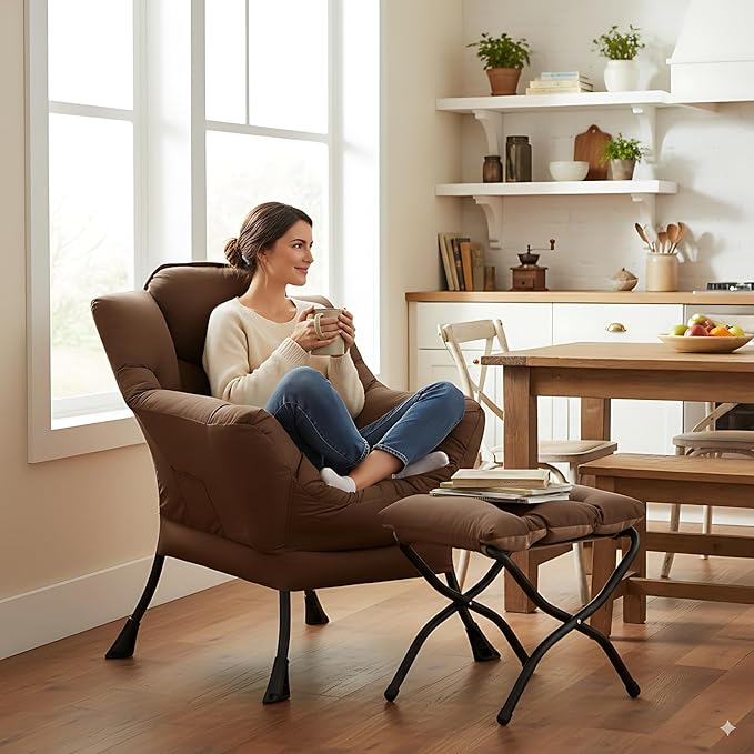 Cozy Lazy Chair and Ottoman, Large Contemporary Accent Lounge Chair Set, Leisure Upholstered Reading Armchair for Bedroom, Living Room, Dorm Rooms, Office