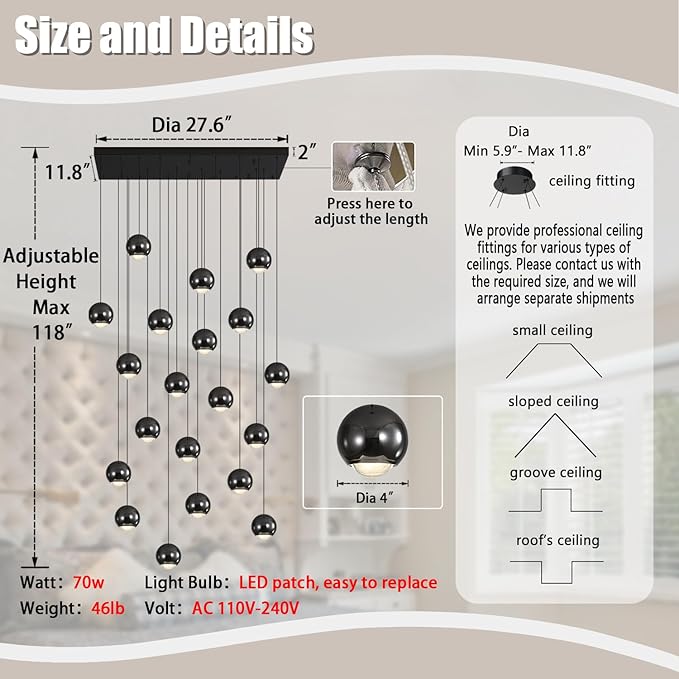 Rectangular Chandelier Crystal Balls Chandeliers Flush Mount Ceiling Light for Dining Room Living Room High Ceiling Chandelier for Staircase Foyer Entryway Black Chandeliers Dimmable 2700k-6000k