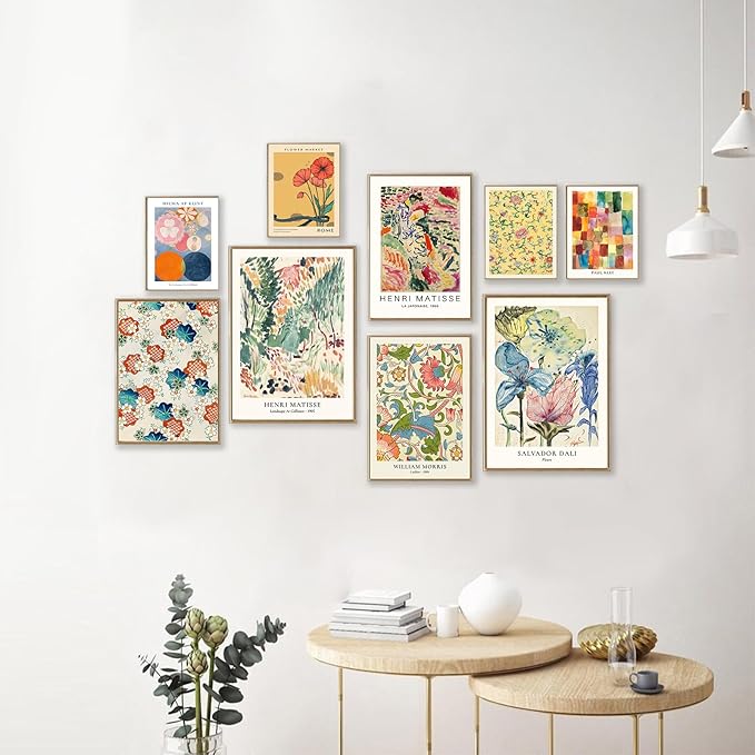 KBKBART Colorful Eclectic Wall Art Prints, 9 PCS Vintage Eclectic Wall Decor Matisse William Morris Flower Market Maximalist Home Decor, Trendy Maximalism Famous Artist Painting Pictures for