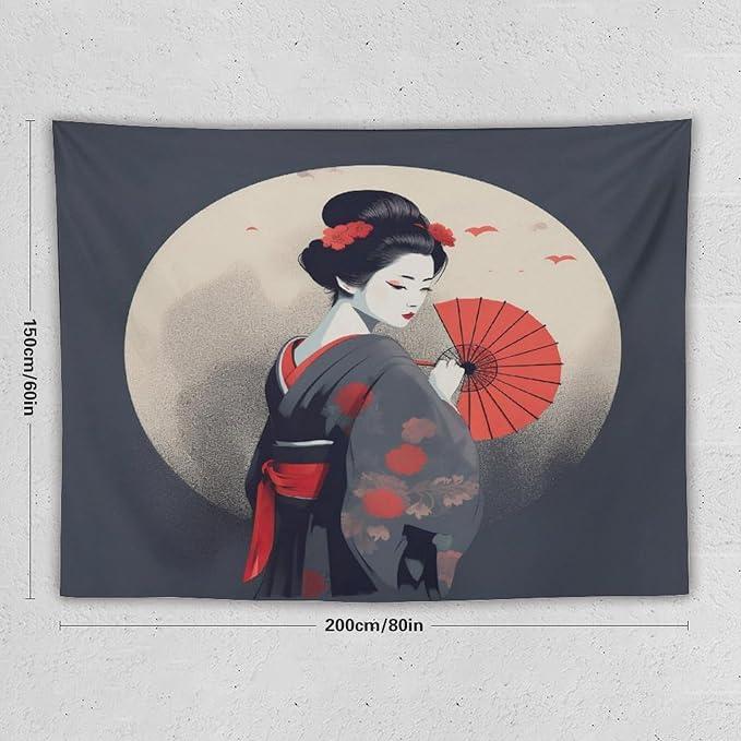 Japanese Woman Geisha Tapestry Asian Red Cherry Blossom Red Sun Traditional Kimono Folk Tapestries Home Decor for Living Room Bedroom Apartment Farmhouse Dorm 80"x60"