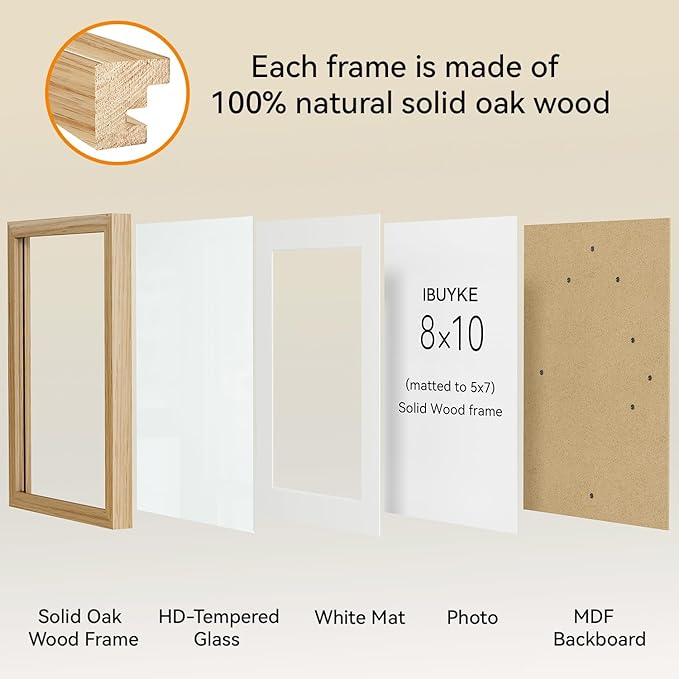 IBUYKE 8x10 Picture Frame,Solid Oak Wood 8x10 Photo Frame with Mat to 5x7,10x8 Picture Frames With Tempered Glass,Tabletop or Wall Mount Display,Home Decor,Natural Oak 8 x 10 Frame,UWPF0810N