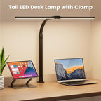 LED Desk Lamp for Home Office, 24W Computer Desk Light with Remote Control, Bright Table Lamp with Clamp Dimmable Tall Desktop Lighting with Bendable Gooseneck, Double Head, Black