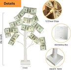 Money Tree Gift Holder, 2FT 24 LED Birch Tree with 12 Clear Clips, Battery Powered Lighted Display Card Trees for Christmas,Wedding, Photo Memo, Birthday Graduation（White）