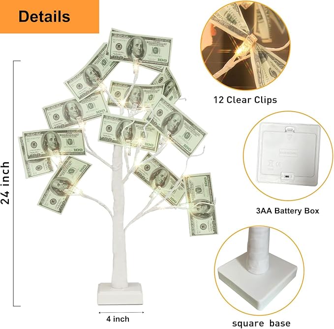 Money Tree Gift Holder, 2FT 24 LED Birch Tree with 12 Clear Clips, Battery Powered Lighted Display Card Trees for Christmas,Wedding, Photo Memo, Birthday Graduation（White）