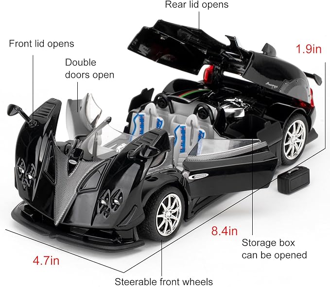 1/24 Car Model Compatible for Collectible Pagani Zonta HP Diecast Toy Car,Zinc Alloy Pull Back Cabriolet Vehicles Toy with Sound and Light for Adult Boys Girls (Black)