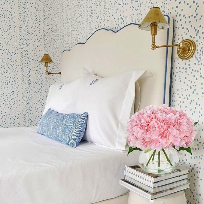 Hollyone Hydrangea Artificial Flowers with Glass Vase Pink Silk Faux Flowers Arrangements with Clear Faux Water Fake Floral Bulk Bouquet for Home Decor Table Centerpiece Decorations