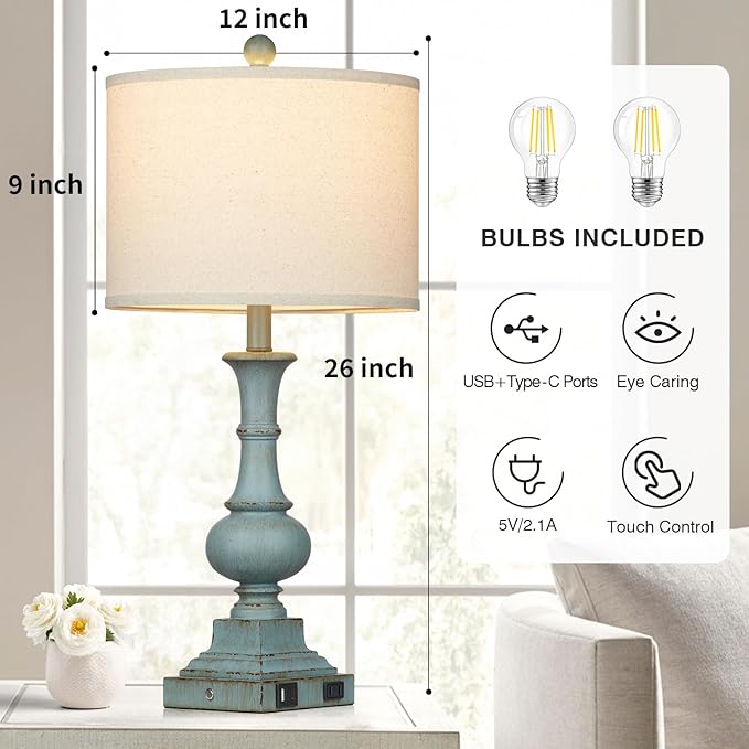 Farmhouse Table Lamps Set of 2, 26" Vintage Rustic Touch Control 3-Way Dimmable Bedside Lamp with USB A+C Ports & AC Outlet, Blue Nightstand Lamp for Living Room Bedroom End Table(LED Bulbs Included)