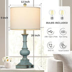 Farmhouse Table Lamps Set of 2, 26" Vintage Rustic Touch Control 3-Way Dimmable Bedside Lamp with USB A+C Ports & AC Outlet, Blue Nightstand Lamp for Living Room Bedroom End Table(LED Bulbs Included)