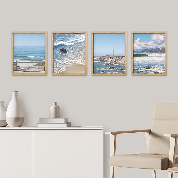 SIGNWIN Framed White Aerial View Blue Ocean Wave Beach Shore Wall Art, Set of 4 Landscape Colorful Wall Decor Prints, Nature Wilderness Wall Décor for Living Room, Bedroom - 12"x16" Natural