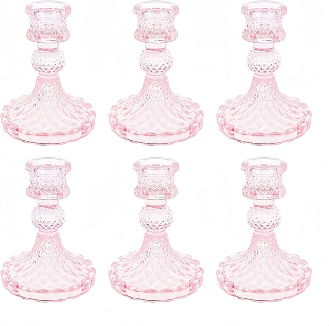 Glass Candlestick Holder,Striped Taper Candle Holders,Set of 6 Candle Stand for Table Centerpieces, Home Decor,Weddings,Festival and Parties (Pink Dimond)
