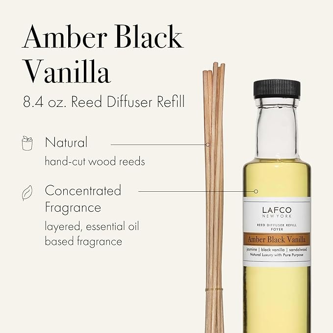 LAFCO New York Reed Diffuser Refill, Amber Black Vanilla - 8.4 oz - Up to 4-Month Fragrance Life - Includes Natural Wood Reeds - Free of Dyes & Propellants - Made in The USA