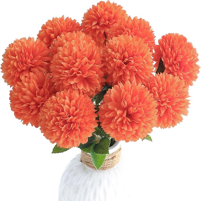 Floroom 12pcs Burnt Orange Faux Silk Mums Artificial Flowers Bulk Fake Chrysanthemums with Stems for DIY Wedding Table Centerpieces Floral Arrangements Vase Fillers Home Decorations