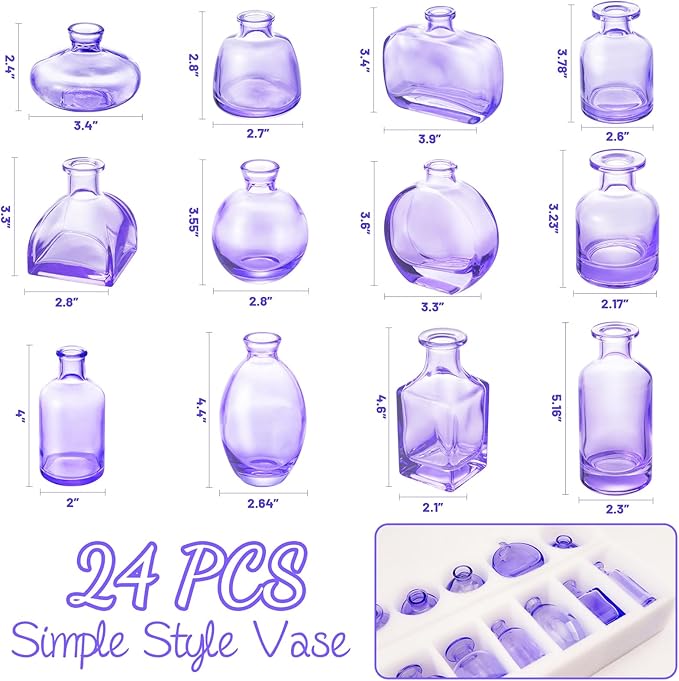 Bud Vases in Bulk 24 | Purple Glass Vase Set – Small Clear Bud Vases for Wedding Centerpieces, Floral Arrangements, Table Decor | Bulk Elegant Mini Vases for Events, Home & Party Decorations