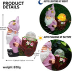 Solar Garden Gnome Statue with Crackle Glass Globe Lights, Waterproof Outdoor Decor for Patio, Lawn, or Yard, Whimsical Housewarming Gift(Pink Gnomes)