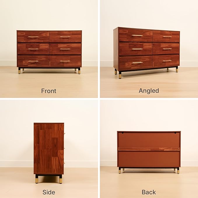 Walnut Dresser for Bedroom, 6 Drawer Brown Wood Dresser with Modern Storage Organizer, Wide Chest of Drawers for Closet, Clothes, Living Room