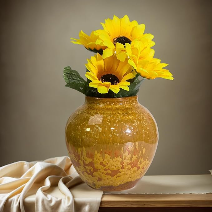 Rustic Pottery Ceramic Vase - Vintage Farmhouse Style Decor, White Grid Ceramic Vases for Home Decor, Modern Farmhouse Decor (Brown)