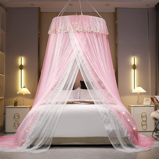 VETHIN Princess Bed Canopy for Girls Double Layer Sheer Mesh Dome Elegant Embroidery Lace Mosquito Net Bed Curtain for Full Queen King Bed with led Stars String Lights(Pink/White-1)