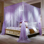 VETHIN 4 Corners Post Princess Bed Canopy Curtain Double Layer Cozy Drape Netting 4 Opening Mosquito Net for Girls & Adults Bedroom Decoration Accessories (Double Purple, 47" W*78" L*82"*H/Twin)