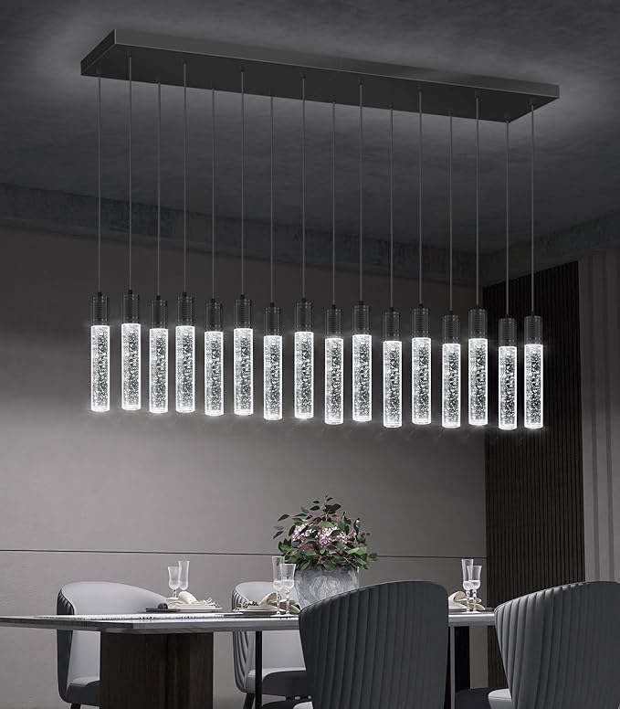 16-Lights Modern Crystal Rectangular Chandeliers LED Pendant Light for Kitchen Island High Ceiling Chandelier for Dining Room Entrance Foyer Living Room Black
