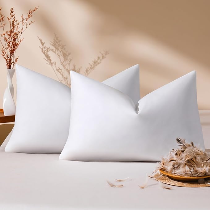 12x20 Pillow Inserts Set of 2, Natural Feather Down Pillows with 100% Cotton Cover, Throw Pillow for Bed, Couch and Sofa.