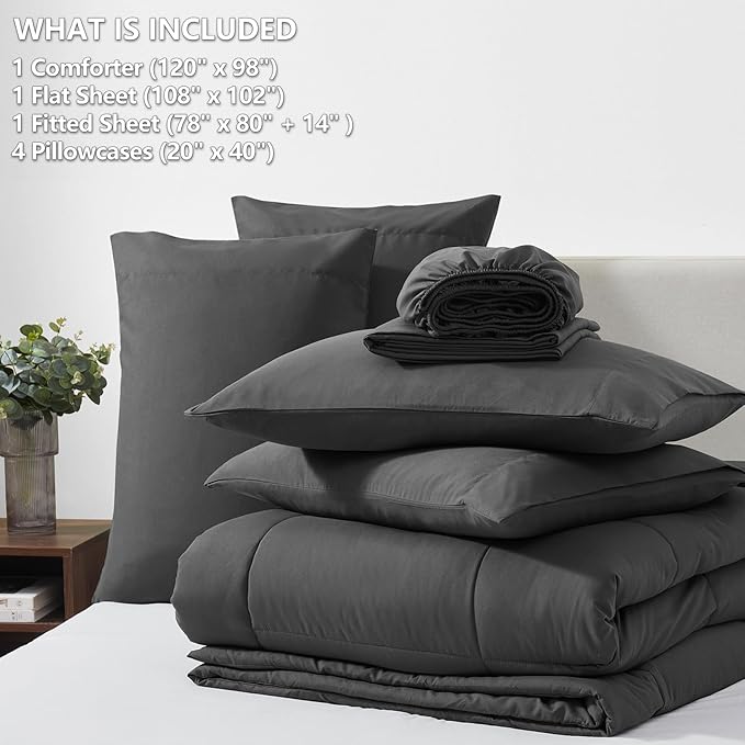 CozyLux Oversized King Comforter Sets Dark Grey, 7 Pieces Bed in a Bag, Ultra-Soft All Season Bedding Sets with Stitch Quilted Comforter, Flat Sheet, Fitted Sheet, Pillowcases, Dark Gray