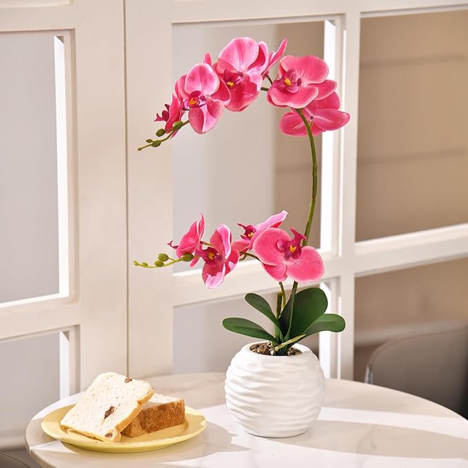 Artificial Potted Orchid Faux Phalaenopsis Silk Flowers Bonsai Realistic Arrangement in Ceramic Vase for Home Decoration Table Centerpiece, Rose Red