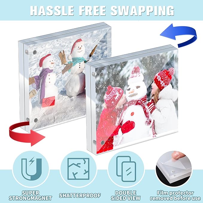 5 Pack 4 x 4 Inches Acrylic Picture Frame Desktop Frameless Photo Frame Double Sided Transparent Acrylic Frame Clear Horizontal Magnetic Frame for Desk Desktop Display Pictures Holder