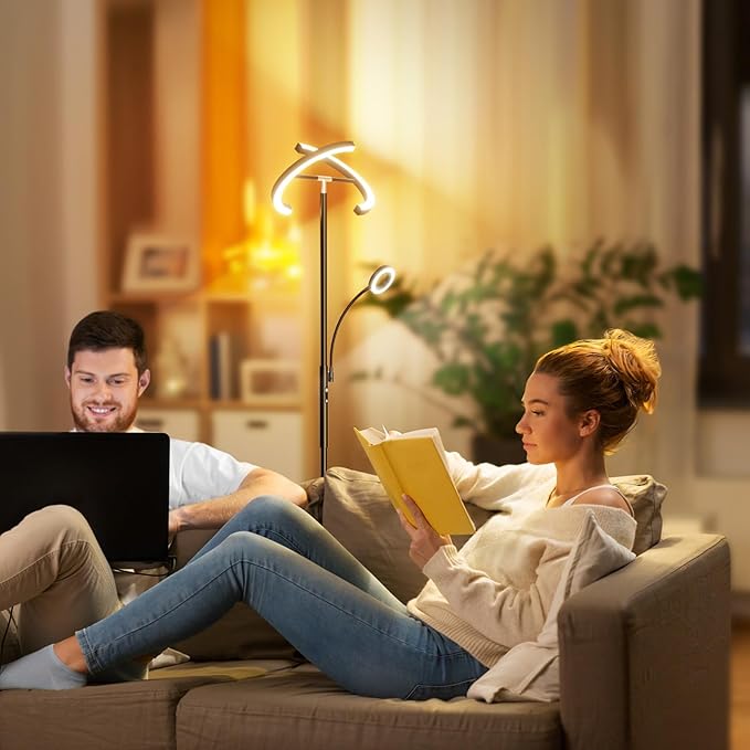 Upgraded 2-in-1 LED Floor Lamp - Dimmable Mother-Daughter Standing Lamp with Remote&Touch Control, 29W Bright Floor Reading Light, Black Modern Standing Light for Living Room Bedroom Office