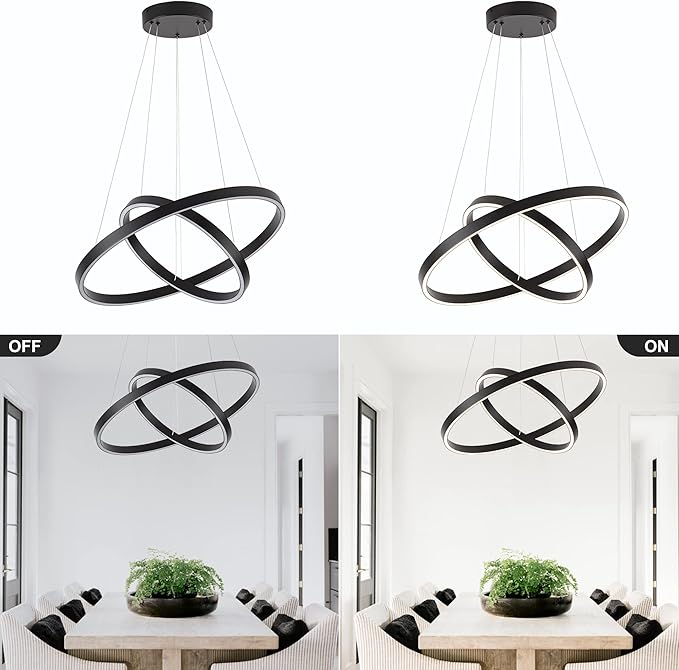 Modern Led Chandelier, 2 Rings Contemporary Chandelier Circular Pendant Light, Black Dimmable Hanging Ceiling Light Fixture for Living Dining Room