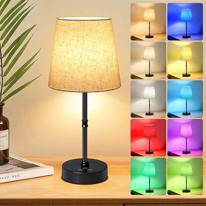 Cordless Table Lamp,5000mAh Rechargeable Battery Operated Desk Lamp,3 Colors & 7 RGB Stepless Dimmable,Portable Wireless Touch Bedside Night Light for Restaurant,Home,Decor Party,Flaxen Shade