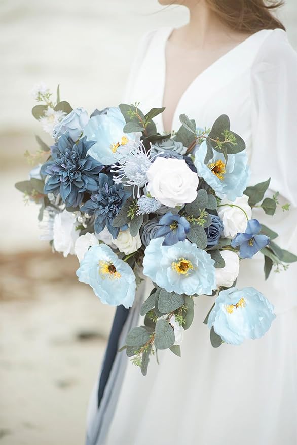 IPOPU 43.3" Poppy Flowers Artificial Flowers 6PCS Fake Silk Poppies Long Stem Artificial Flowers for Tall Vase for Wedding Party Home Decor(Baby Blue)