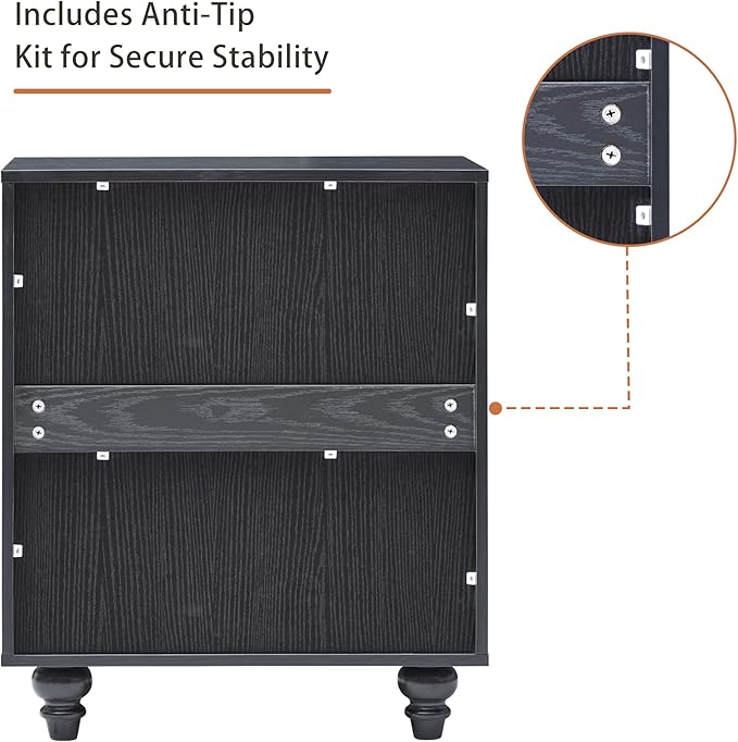 Fluted Nightstand Set 2 22.9'' Wood Nightstands with Drawers Bedside Table Set of 2 Mid Century Drawer Dresser for Bedroom Living Room Black