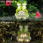 Solar Powered Frog Couple Statue with LED Lit Flowers Welcome Sign 7-Inch Tall Resin Garden Decor Romantic Ornament Gift for Porch Patio Housewarming Wedding Outdoor Decor
