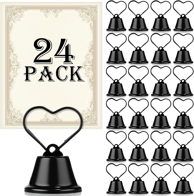 24 Pcs Table Number Holders Place Card Holders for Table 2 Inch Ring Clip Bell Number Holder Metal Picture Holder for Wedding Christmas Restaurant Home Photo Office Memo(Black,Heart)