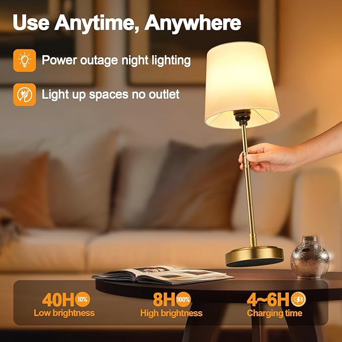 Cordless Table Lamps Set of 2 – Battery Operated Lamp with 7500mAh Rechargeable Battery, Stepless Dimmable Vintage Brushed Gold Desk Wireless Lamps for Dining Room, Nightstand & Patio (Bulbs Included)