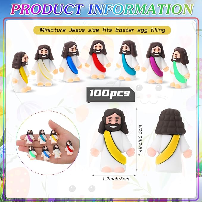 Bememo 100 Pcs Jesus Toys Original Design Mini Rubber Little Jesus Figurine to Hide and Seek Religious Party Favors Sunday School Craft Baptism Gifts for Easter Egg Stuffers(Multicolor)