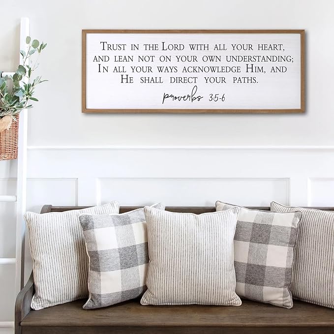 Trust in the Lord With All Thine Heart Wall Decor Art Bible Verse Sign Proverbs 3:5-6 Framed Wood 32X12 Inch For Scripture Christian Hanging (Wood)