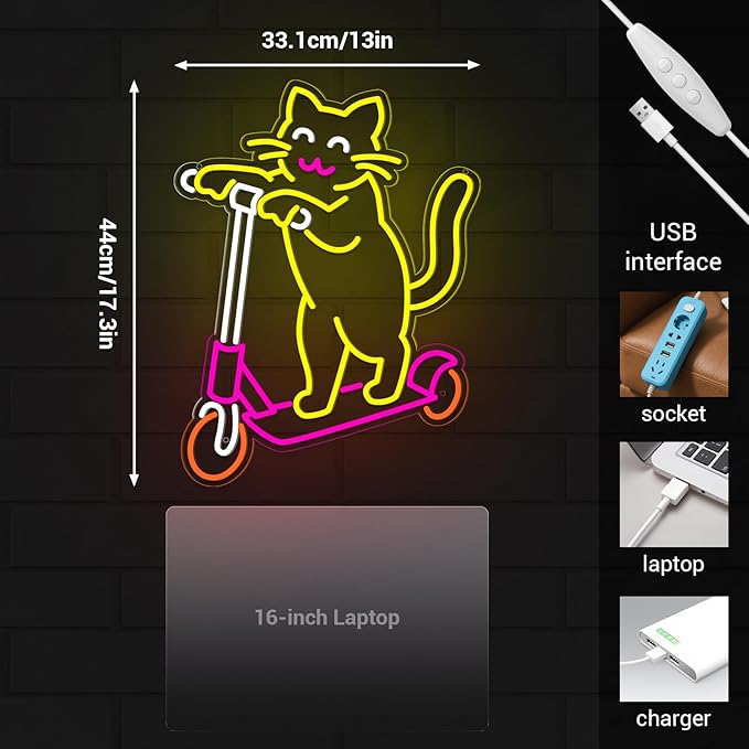 Cute Cat Neon Sign, Skateboard Neon Signs for Wall Decor Dimmable USB Room Decor for Teen Girl, Party, Bedroom, Pub, Furniture, Gifts for Birthday, Christmas (Skateboard Cat-Yellow)