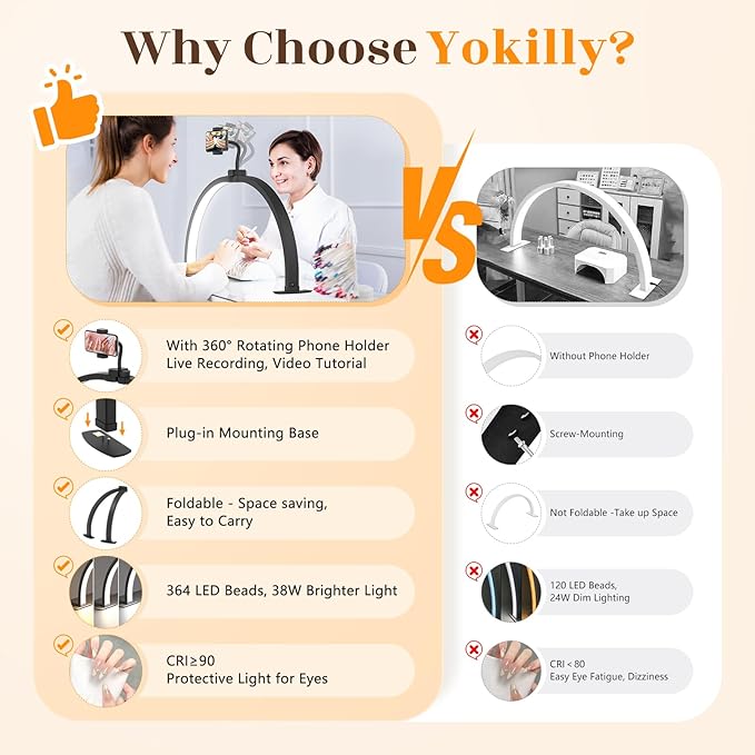 Yokilly Half Moon Light for Nail Desk: 29" Foldable Half Moon Nail Desk Lamp with Phone Holder for Beginner - Arch Tech Light with 3 Color Modes & 10 Brightness for Manicure Salon (Black, Large)