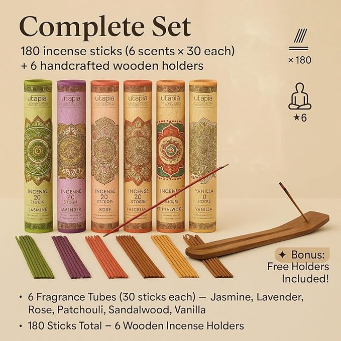 Premium Incense Sticks, Lavender, Sandalwood, Jasmine, Patchouli, Nag Champa, Vanilla, Variety Gift Pack 180 Sticks, Includes a Holder in Each Box