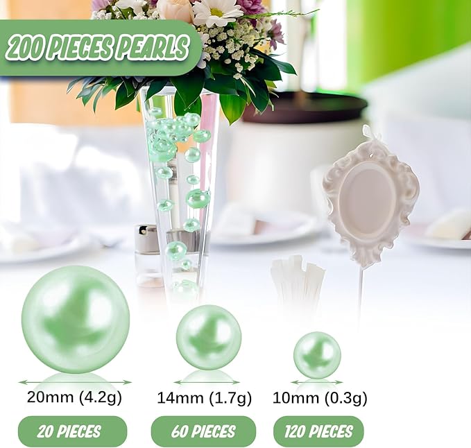 200 PCS Green Vase Fillers, Pearls Bead for Centerpieces Vases, 10/14/20 MM No Hole Beads, Fake Pearls for Wedding Birthday Anniversary Theme Party Table Centerpieces Decor