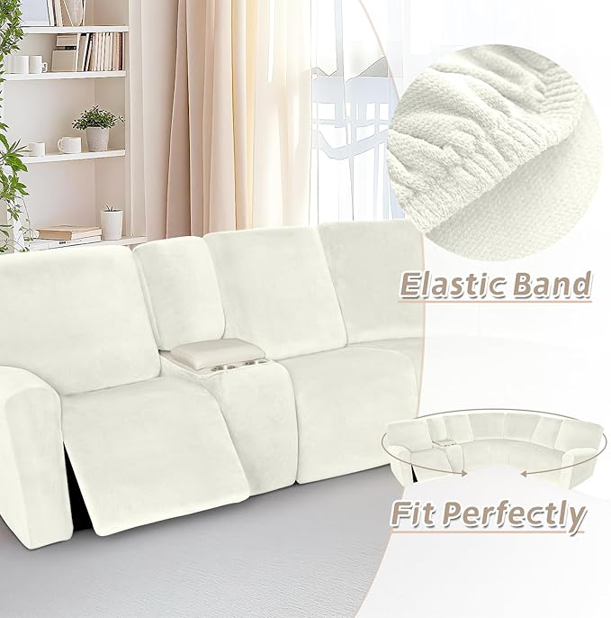 Arfntevss Sectional Recliner Couch Covers Velvet Washable Corner Sectional Sofa Cover for Reclining Stretch Soft Thick L Shape Recliner Slipcover Set (5 Seat with 1 Console Cover, Cream)